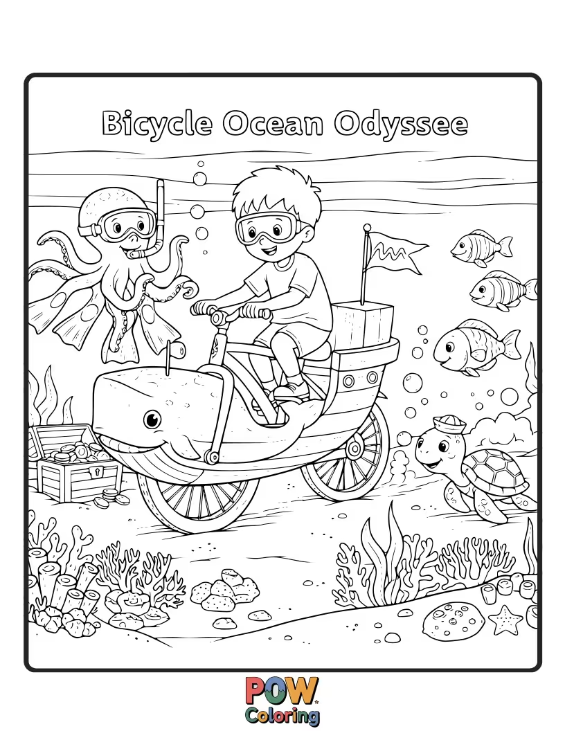 Free coloring page of A charming bicycle exploring the underwater world, with friendly fish and gentle waves, a unique marine adventure.
