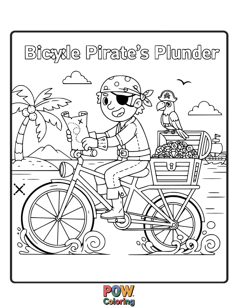 Free coloring page of A treasure-seeking bicycle with a pirate flag, searching for hidden gems on a tropical island.