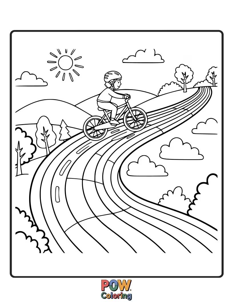 Free coloring page of A simple, charming bicycle leaving a sparkling rainbow trail across a cheerful, wavy landscape.