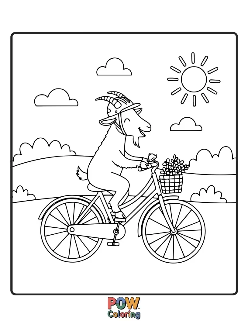 Free coloring page of A joyful goat pedaling a vintage bicycle through a charming countryside lane, wildflowers blooming on the sides.