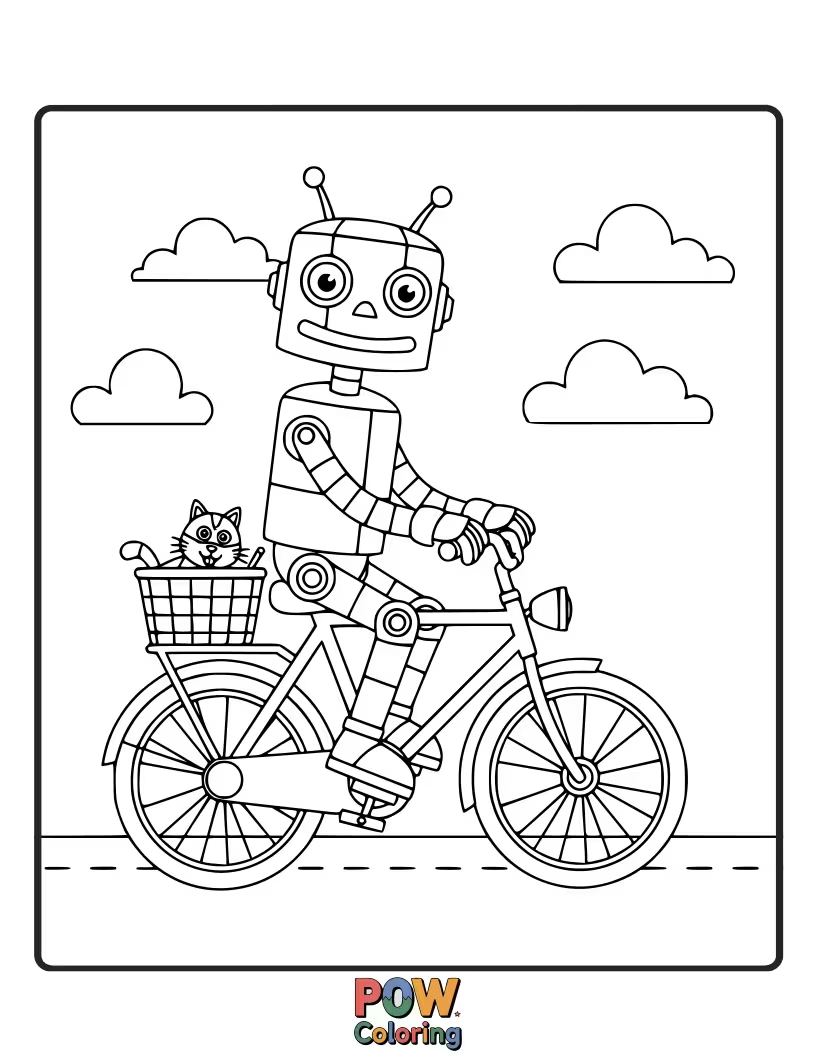 Free coloring page of A cool, futuristic bicycle with gears and blinking lights, a fun mechanical adventure for creative minds.