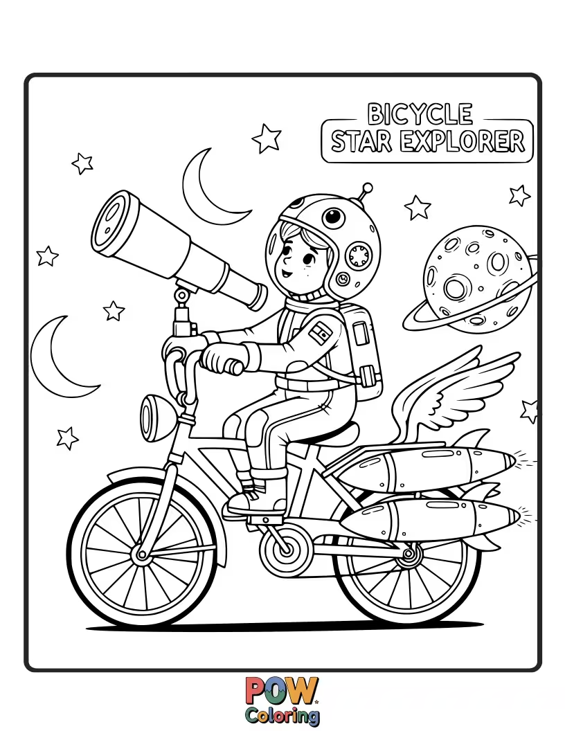 Free coloring page of A space-themed bicycle with rockets and stars, embarking on an exciting journey through the galaxy.