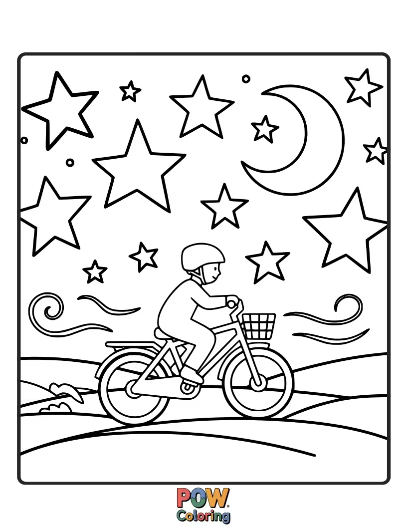 Free coloring page of A serene bicycle silhouetted against a night sky filled with twinkling stars and a gentle moon.