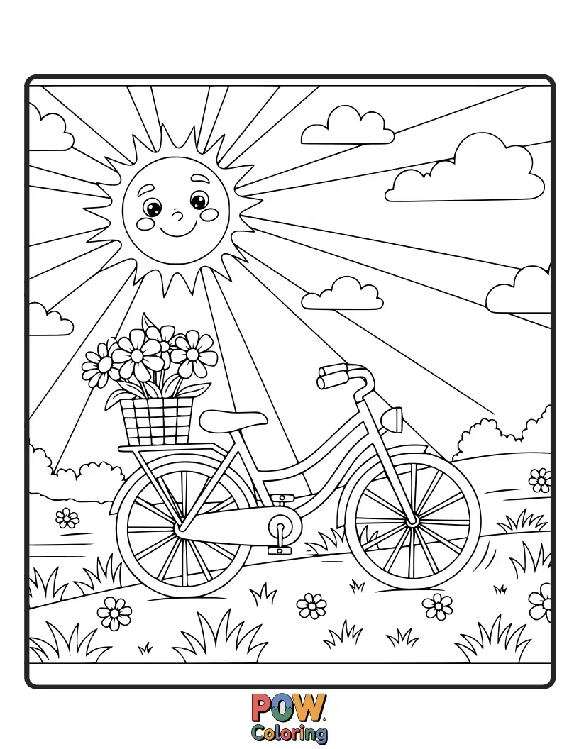 Free coloring page of A cheerful bicycle rolling through a sun-drenched meadow filled with happy wildflowers and gentle breezes.