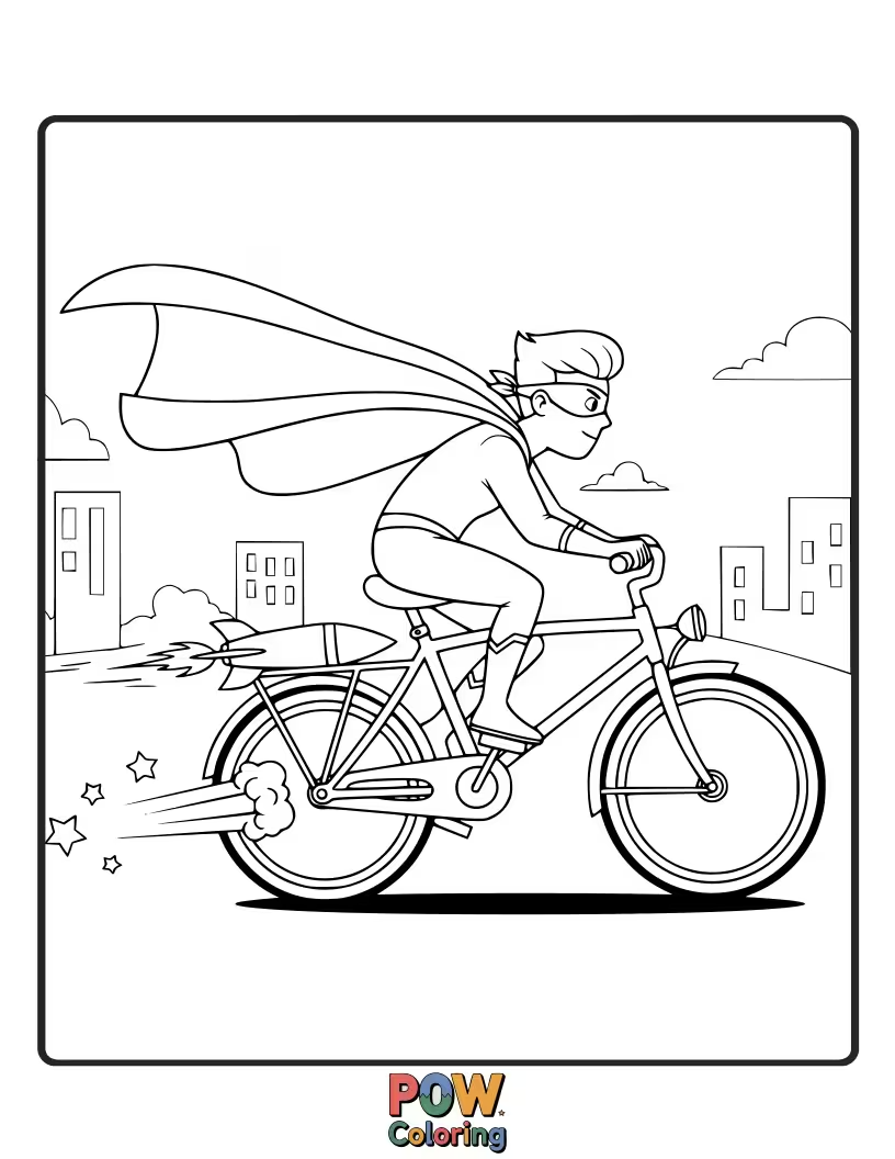 Free coloring page of A dynamic bicycle with a cape, ready for a super-fast rescue mission across the city.