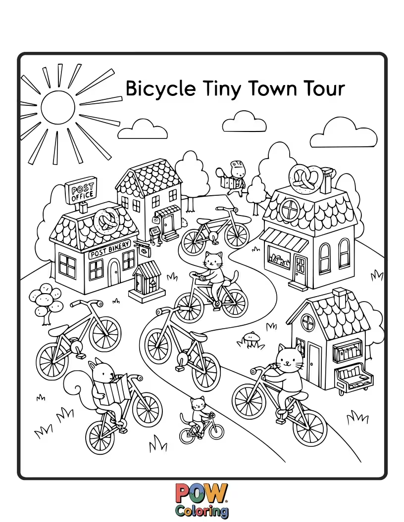 Free coloring page of A sweet, miniature bicycle navigating a delightful tiny town filled with cozy houses and winding paths.