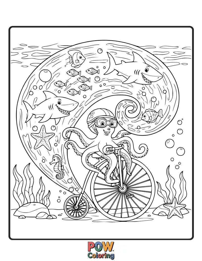 Free coloring page of A unique bicycle with seashell decorations, gracefully moving through a vibrant coral reef and playful sea creatures.