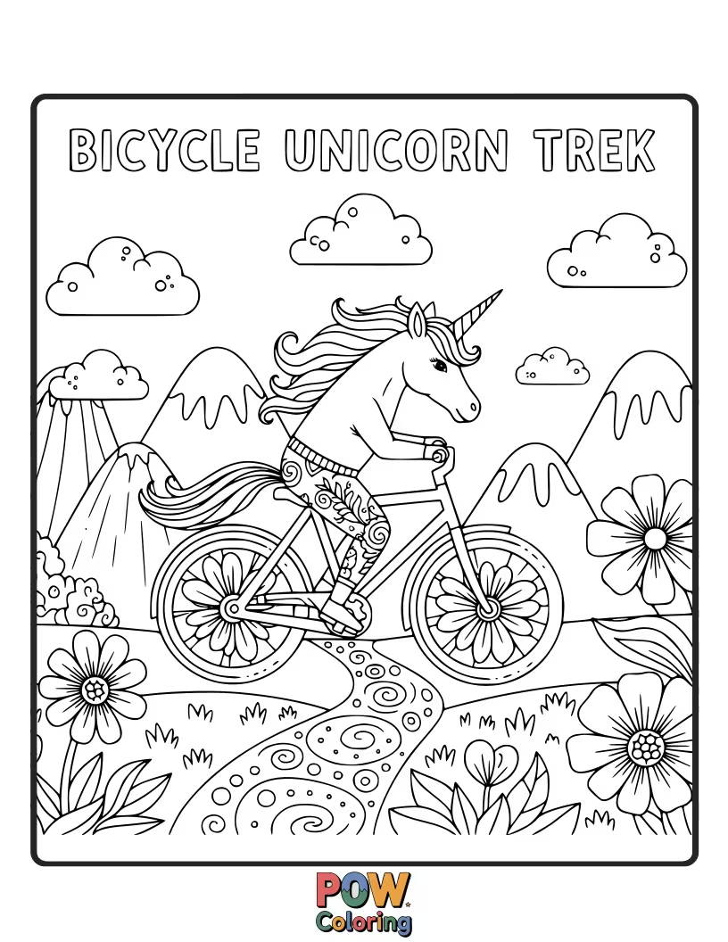 Free coloring page of A magical bicycle ridden by a friendly unicorn through an enchanted, sparkling forest.