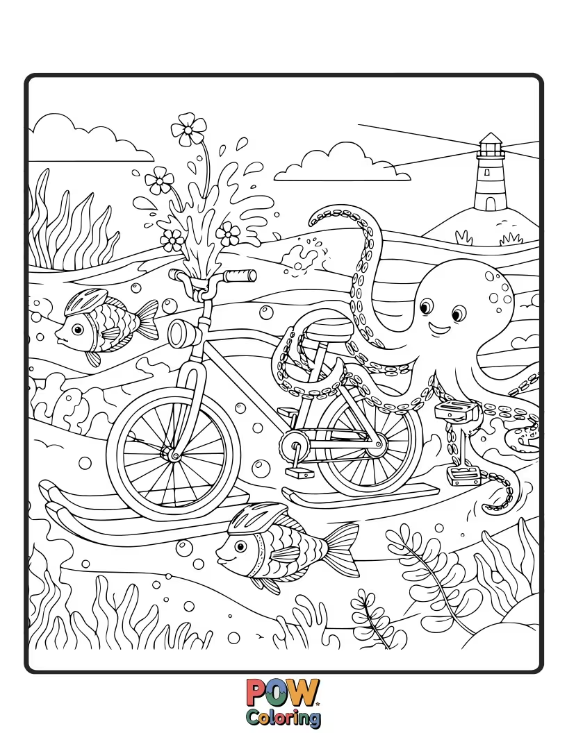 Free coloring page of A whimsical bicycle transformed into a boat, sailing on a sparkling lake with happy water lilies.