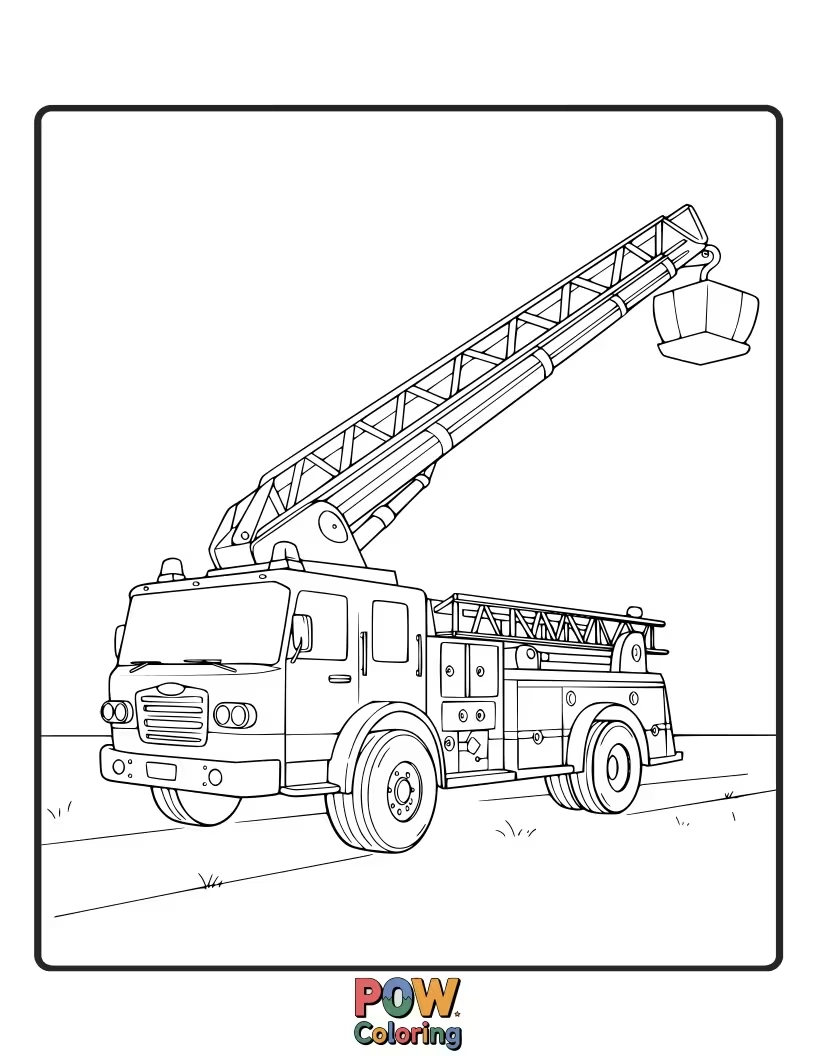 Free coloring page of A powerful fire truck ready for action, with ladders and hoses waiting to be colored in vibrant reds.