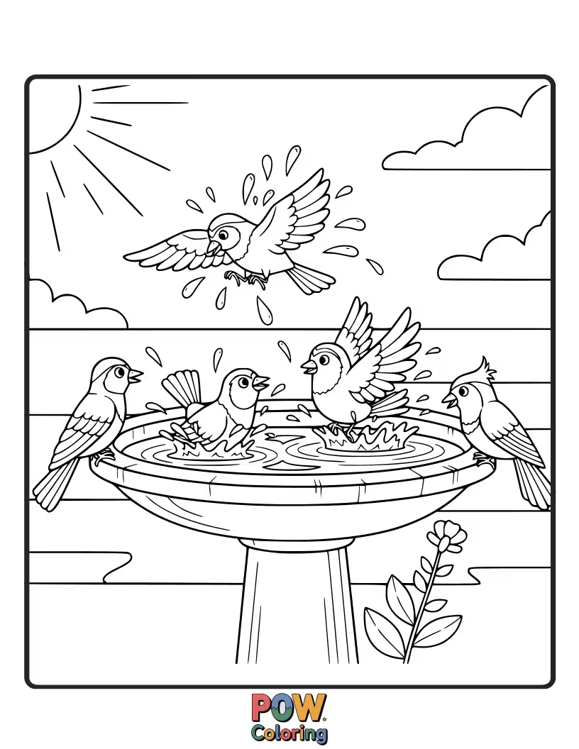 Free coloring page of A few happy birds joyfully splashing and playing in a quaint, decorative bird bath.