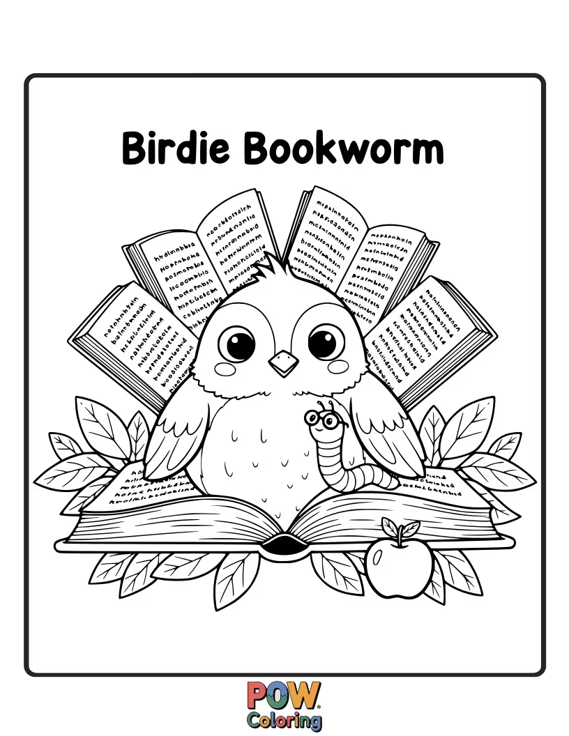 Free coloring page of Little birds engrossed in reading tiny books, surrounded by miniature bookshelves.