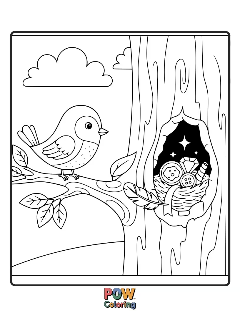 Free coloring page of A mischievous bird peeking out from a pile of shiny trinkets it has collected.