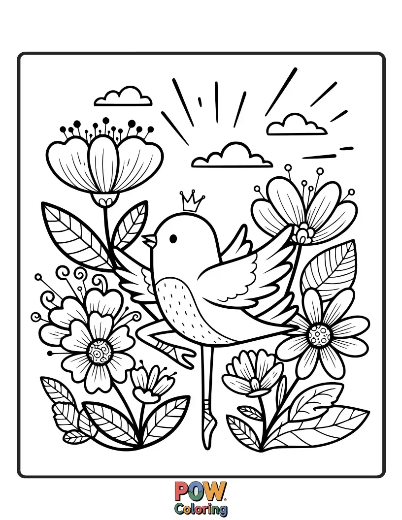 Free coloring page of A colorful bird wearing a flower-petal tutu gracefully hovers mid-air, performing a delicate aerial ballet. Nature's dancer!
