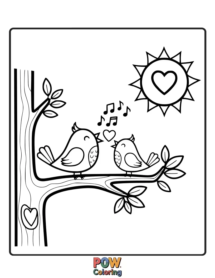 Free coloring page of A singing bird is perched on a branch shaped like a heart, serenading its beloved with sweet Valentine's tunes.