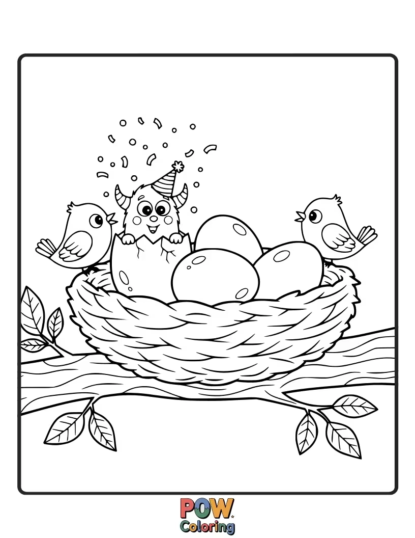 Free coloring page of A mama bird feeding her chicks, who are excitedly pecking at tiny, colorful eggs in their nest.