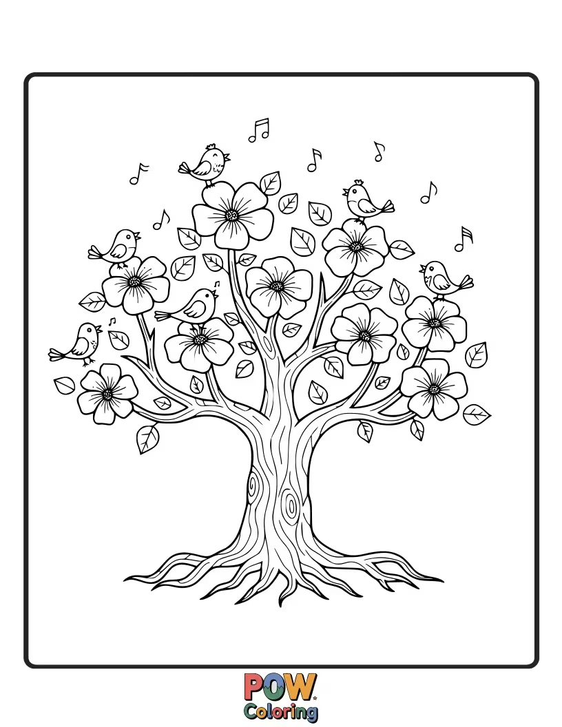 Free coloring page of A beautiful tree adorned with delicate blossoms, with tiny birds perched and singing melodiously.