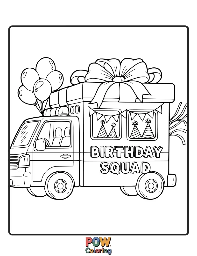 Free coloring page of A festive ambulance decorated with balloons and confetti, ready for a celebratory rescue.