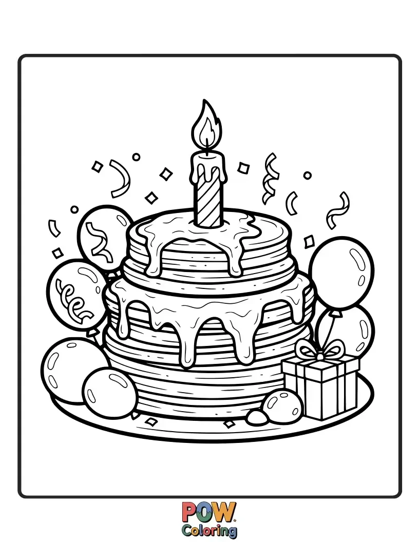 Free coloring page of A celebratory stack of pancakes adorned with birthday candles, confetti, and colorful streamers.