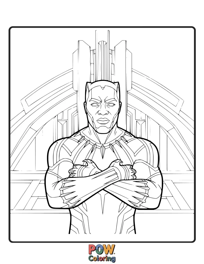 Free coloring page of T'Challa in his Wakandan vibranium suit, exuding regal authority. Incorporate tribal patterns and gold accents.
