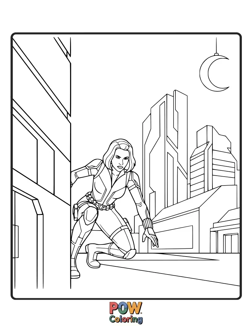 Free coloring page of Show Natasha Romanoff moving silently through shadows, ready for action. Play with dark and light tones.