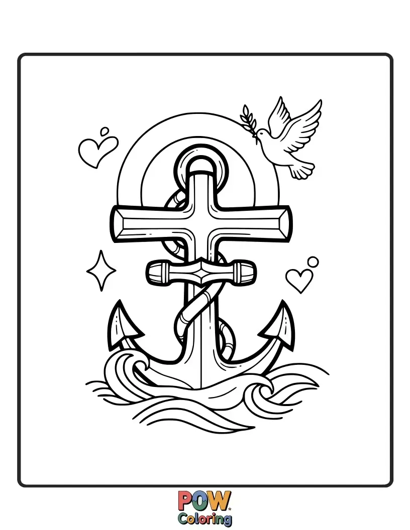 Free coloring page of A strong and steadfast cross featuring a beautiful anchor, representing hope and unwavering faith.
