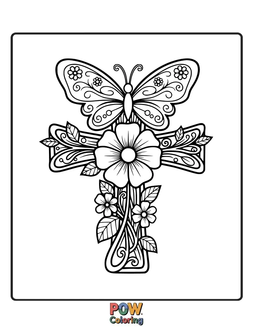 Free coloring page of A beautiful cross interwoven with elegant butterflies and blooming flowers, celebrating nature's delicate artistry.