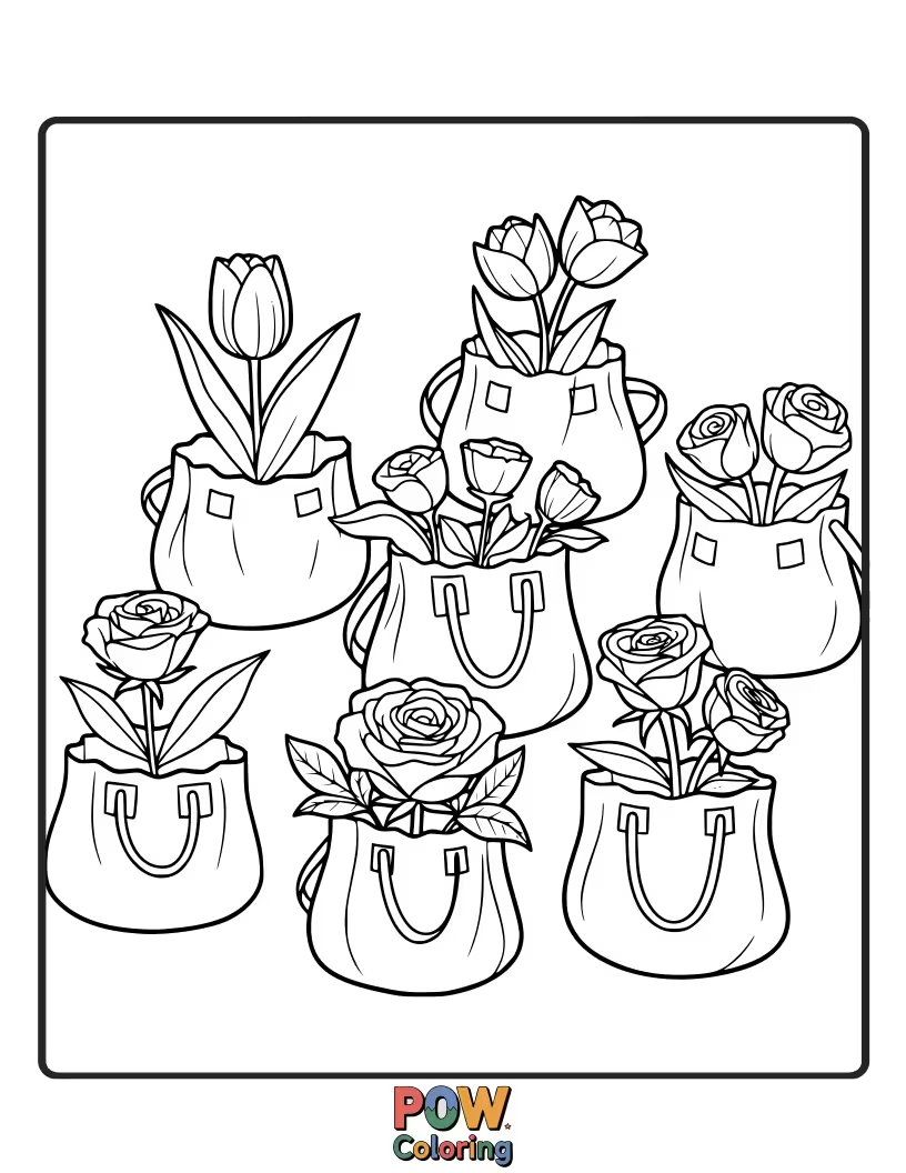Free coloring page of Beautiful bags adorned with vibrant flowers and delicate petals, bringing the beauty of a garden to your coloring page.