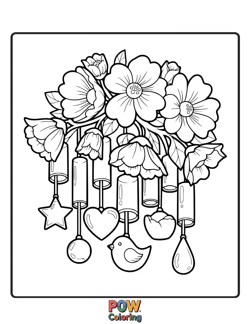 Free coloring page of Exquisite wind chimes shaped like blooming flowers, adding floral beauty.