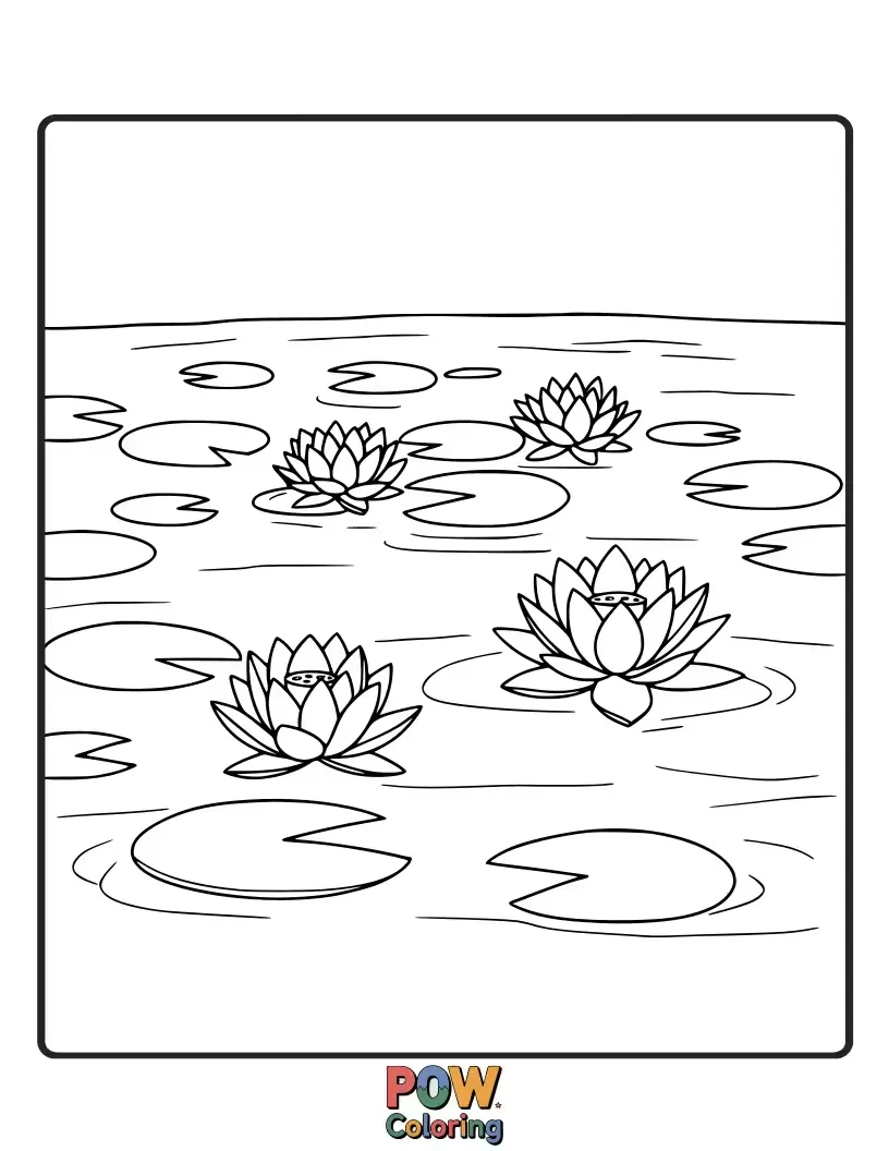 Free coloring page of Serene lotus flowers emerge from a tranquil pond, offering a peaceful and meditative subject for artistic expression.