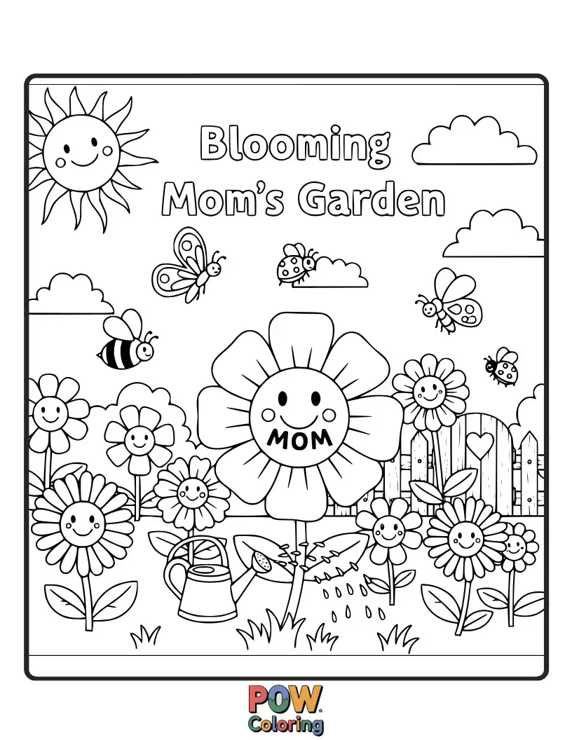 Free coloring page of A mom tending to a vibrant garden filled with colorful flowers and happy bees. Symbolizes growth and beauty nurtured by mom.