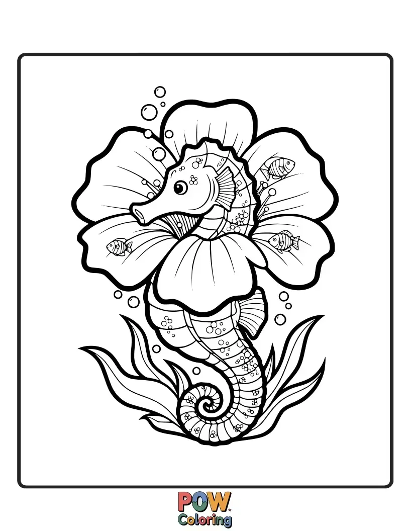 Free coloring page of A delicate seahorse emerging from the center of a large, beautiful underwater flower, a natural wonder.