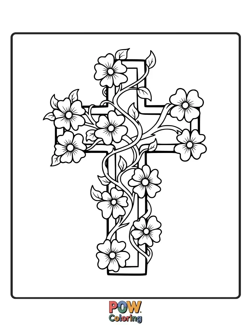 Free coloring page of A beautiful cross entwined with delicate vines and small blossoms, showcasing nature's intricate beauty.