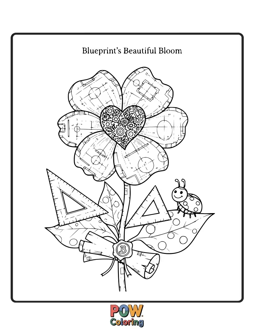 Free coloring page of A construction blueprint transforming into a beautiful, blooming flower.