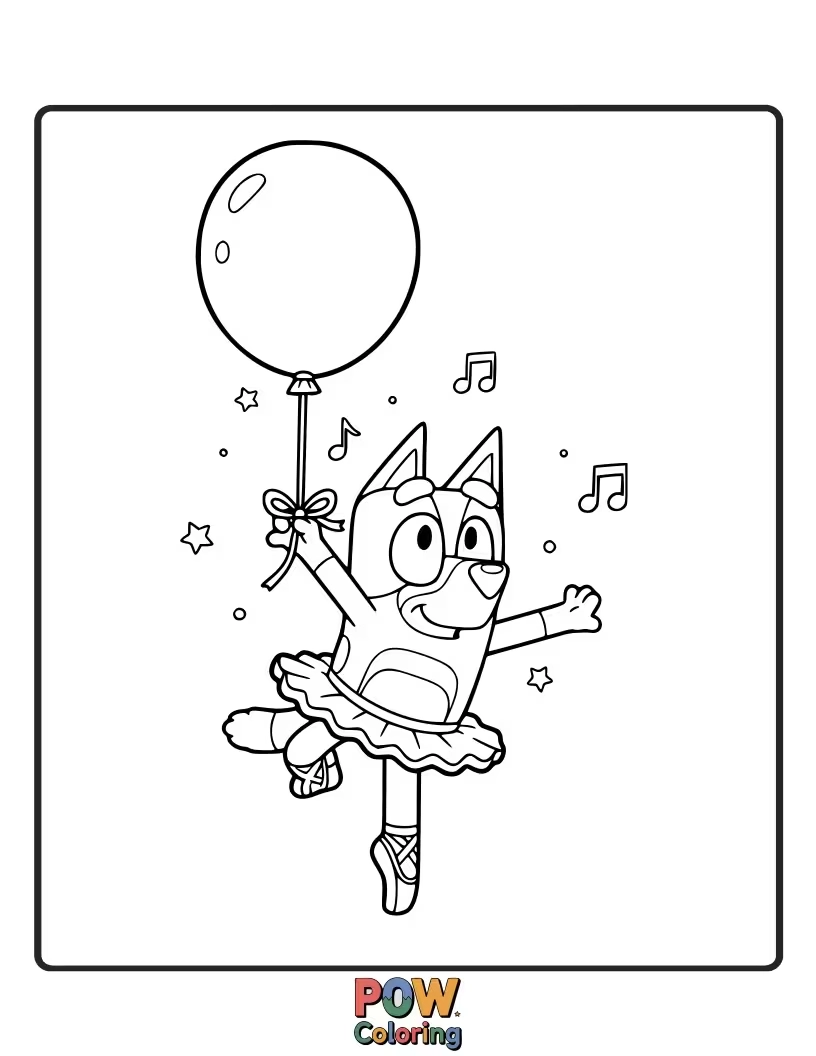 Free coloring page of Bluey is attempting a graceful ballet pose while holding onto too many bouncing balloons.