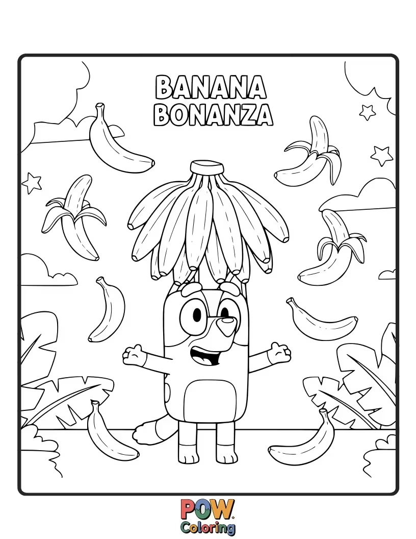 Free coloring page of Bluey attempts to juggle an absurd number of bananas, with some hilariously misplaced.