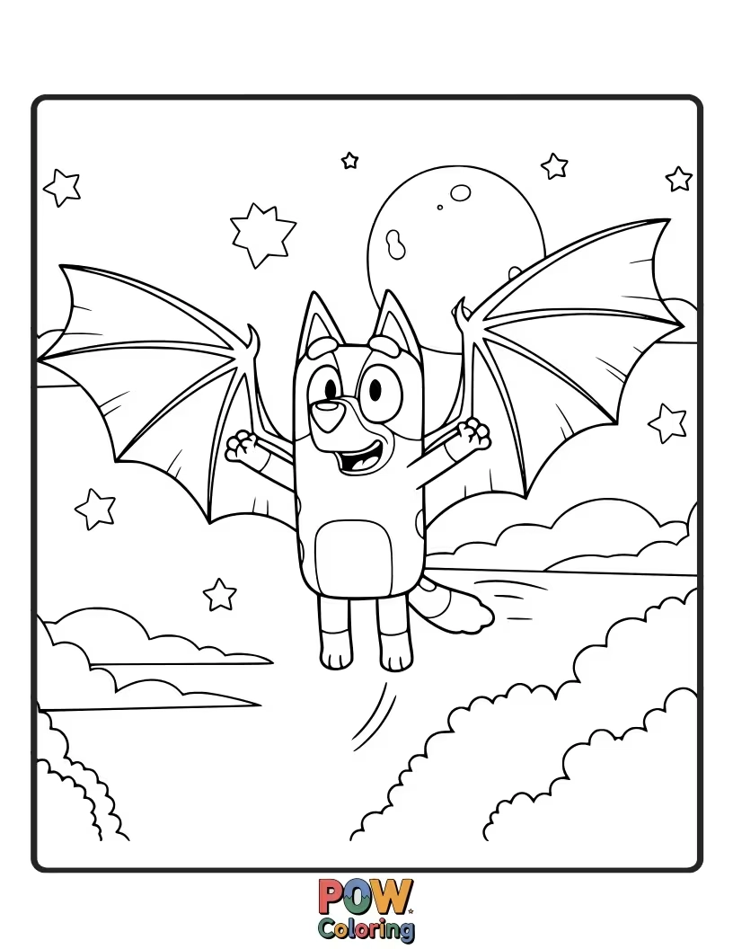 Free coloring page of Bluey, dressed as a tiny bat, hilariously tries to "fly" by leaping from a very short stool.