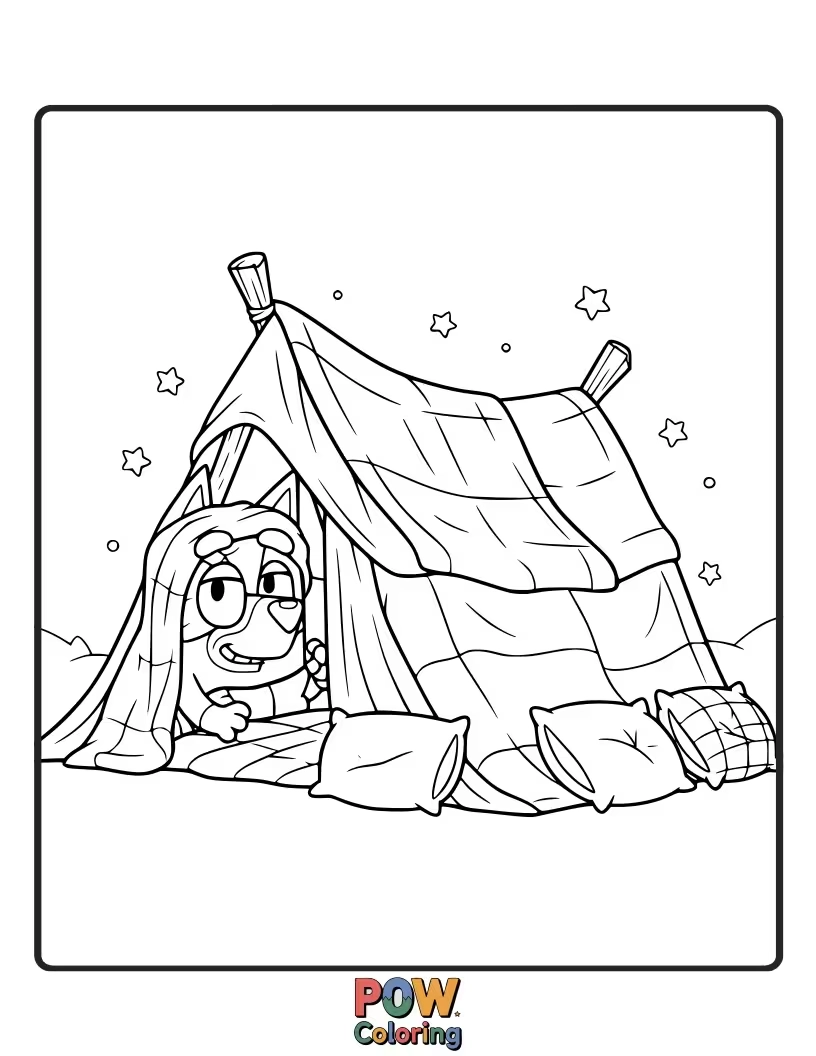 Free coloring page of Bluey is wearing a pirate eye patch and bandana, hiding in her blanket fort.