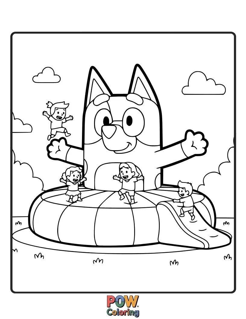Free coloring page of Bluey is wearing ridiculously large boots that make her bounce with every step.