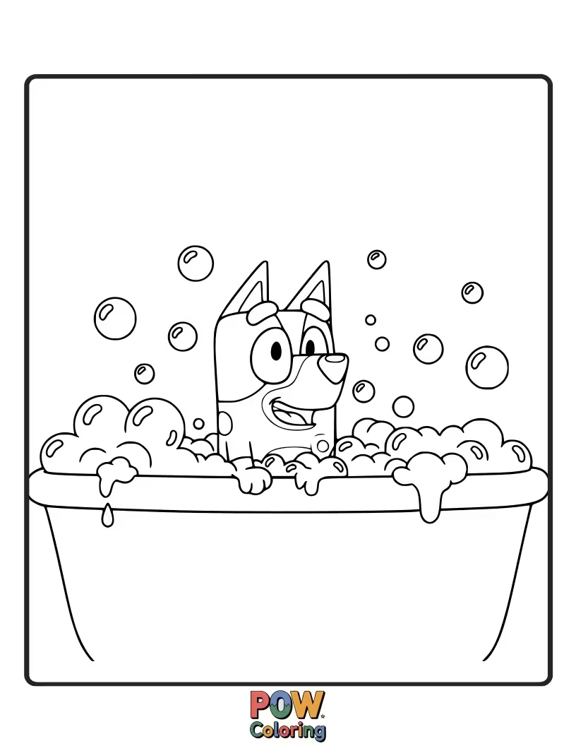 Free coloring page of Bluey is having a wild bubble bath, covered in an excessive amount of foam.