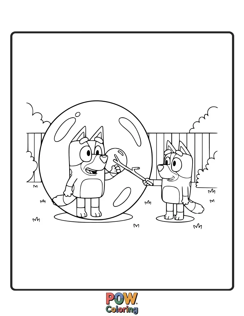 Free coloring page of Bluey is completely enveloped in a giant bubble, with only her eyes peeking out in panic.