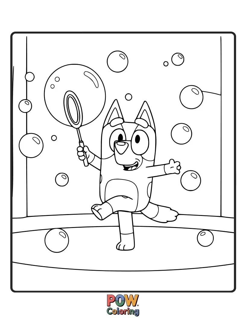 Free coloring page of Bluey is dancing with a giant bubble wand, creating enormous, whimsical bubbles.