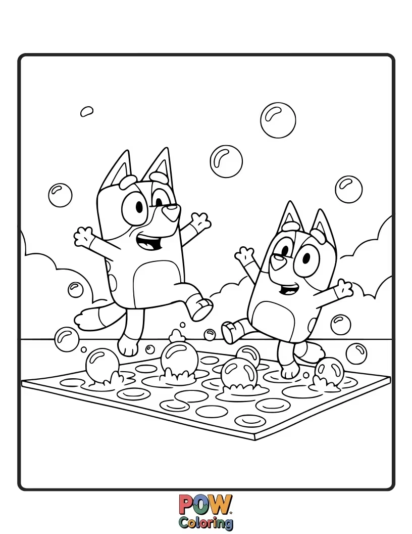 Free coloring page of Bluey is gleefully popping an enormous sheet of bubble wrap.