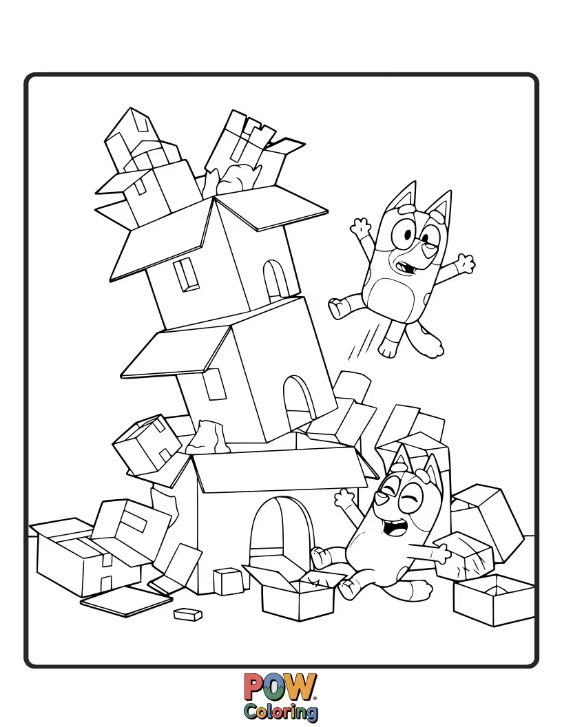 Free coloring page of Bluey's magnificent cardboard castle has fallen over, leaving her buried in boxes.