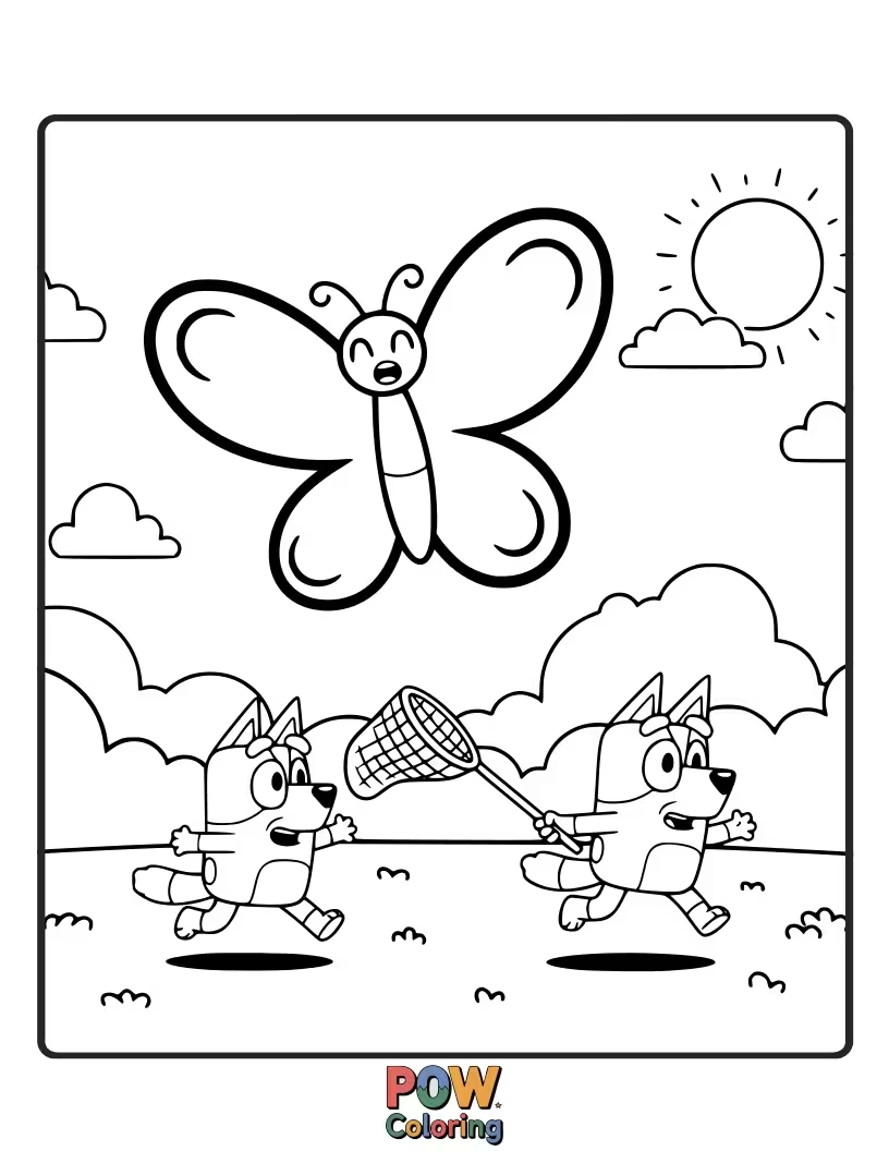 Free coloring page of Bluey is holding a net, trying to catch fluffy clouds in the sky.