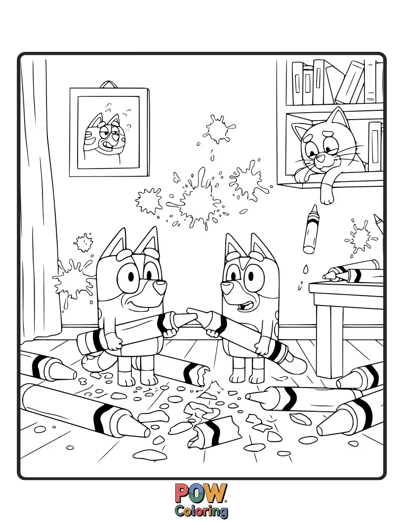 Free coloring page of Bluey has drawn all over herself with colorful crayons, looking like a walking artwork.