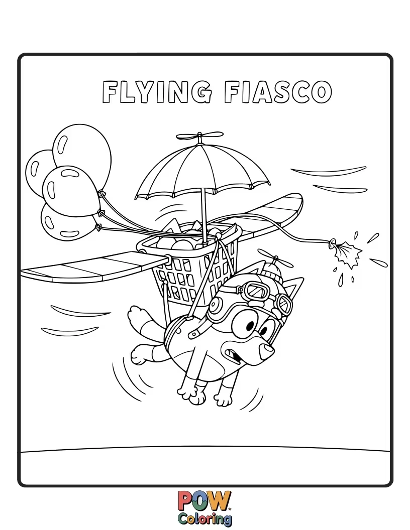 Free coloring page of Bluey is strapped to a bunch of balloons, floating just above the ground.