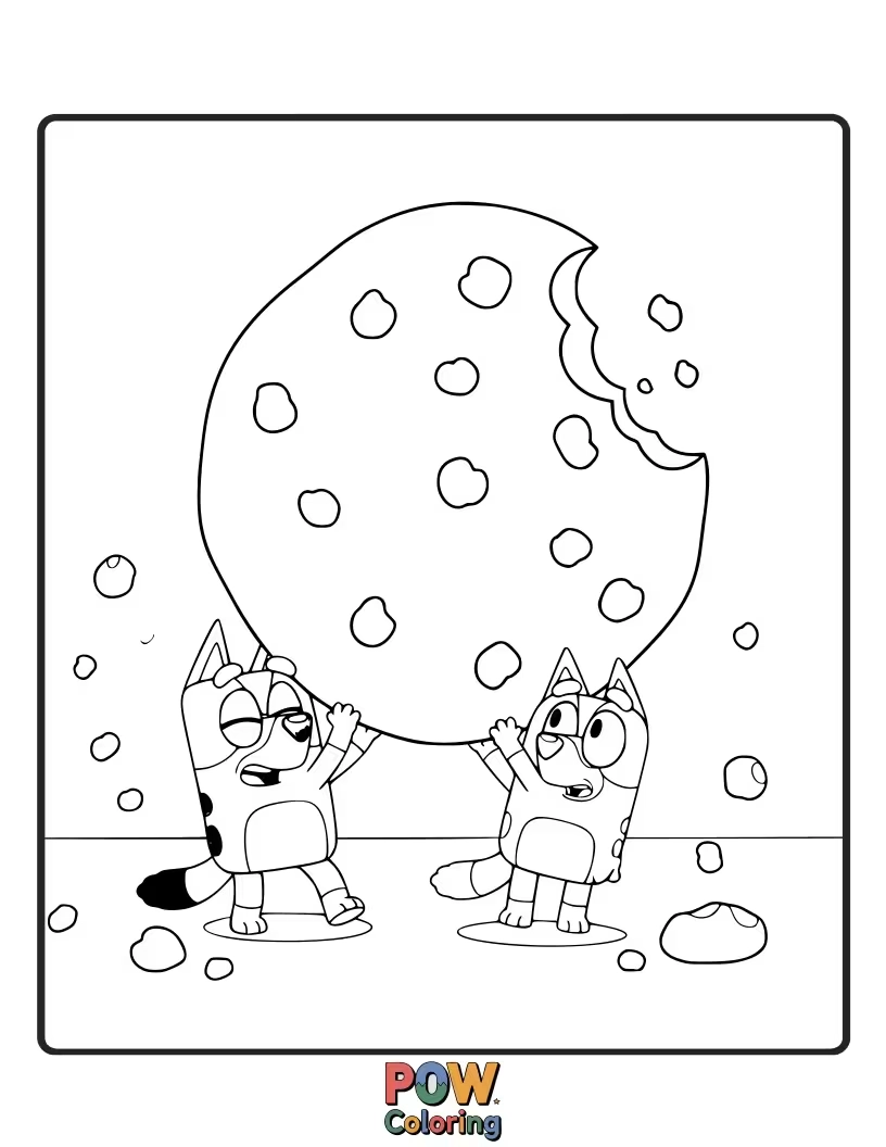 Free coloring page of Bluey is trying to take a bite out of a cookie bigger than her head.