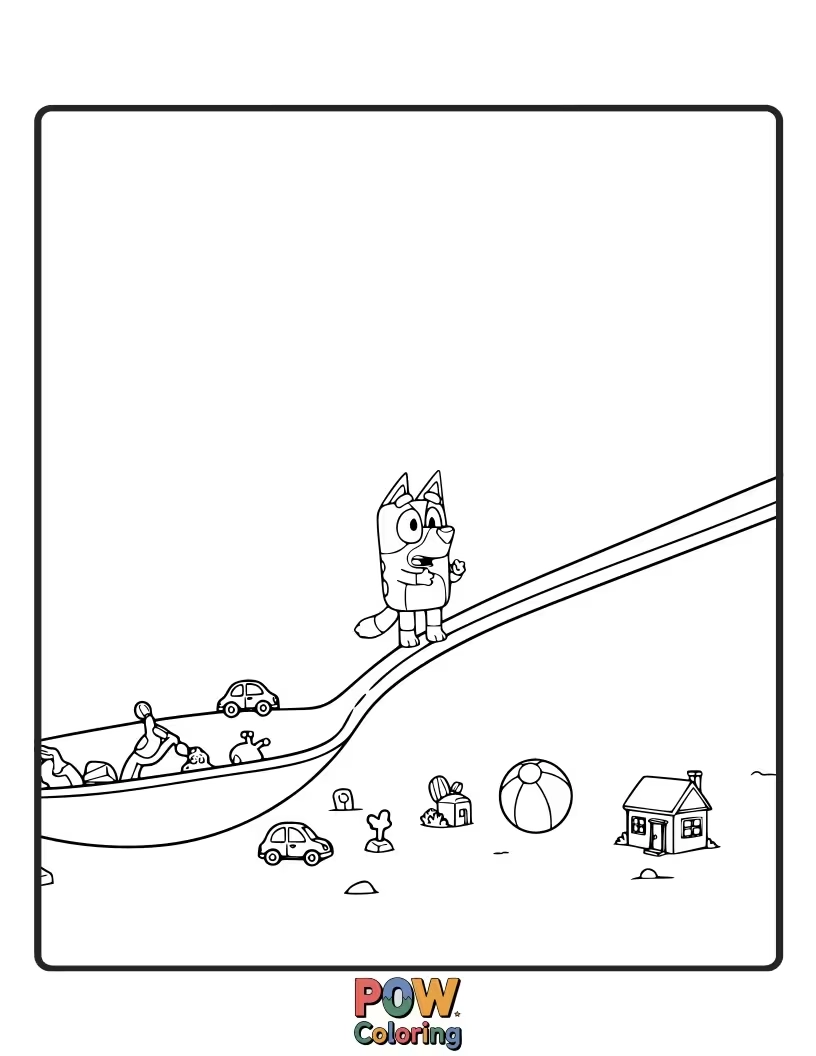Free coloring page of Bluey is attempting to eat soup with a spoon that's much too big.