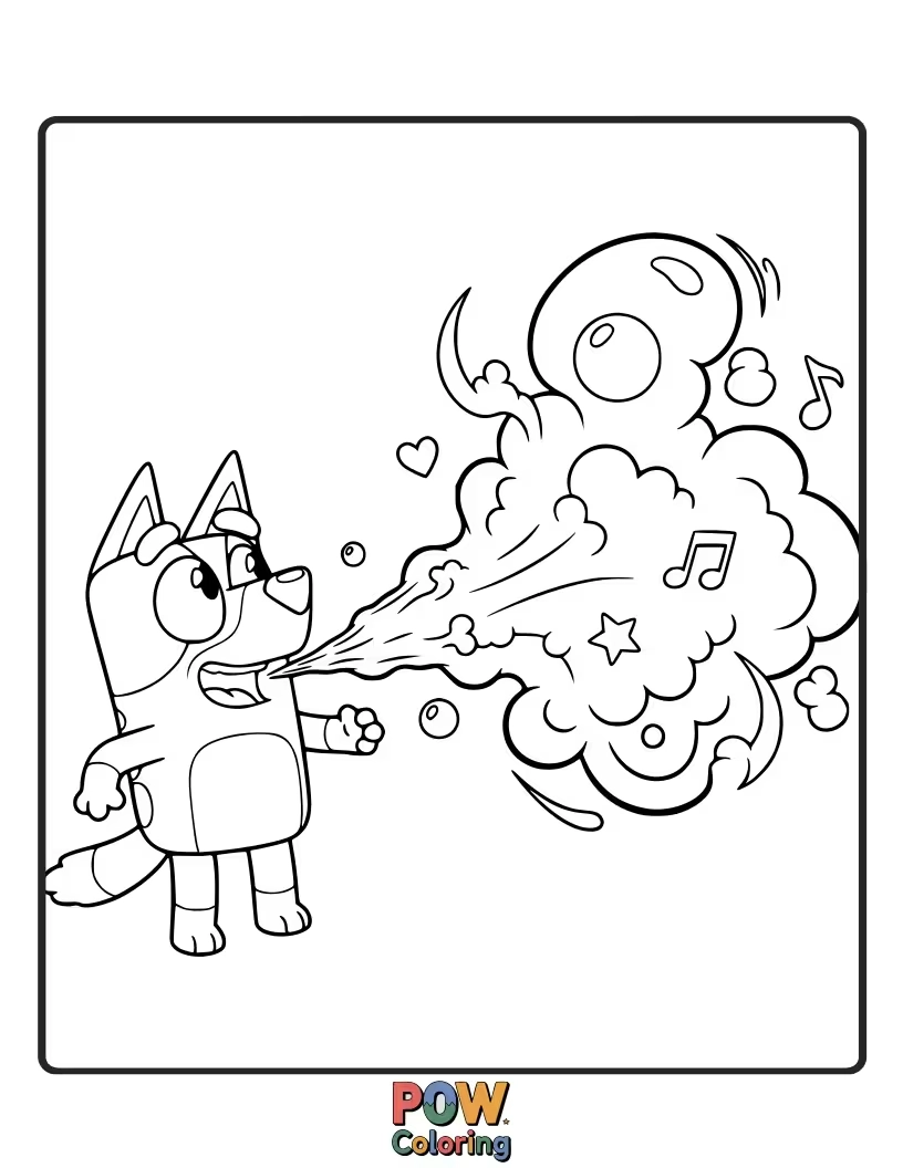 Free coloring page of Bluey is holding a balloon that seems to be emitting giggles.